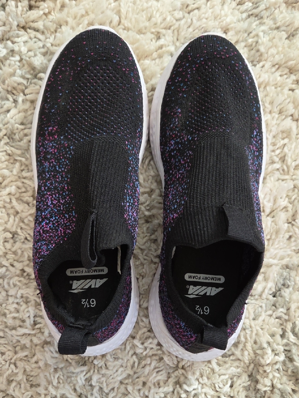 Avia Black Slip-On Knit Athletic Sneakers with Pink & Blue Speckle